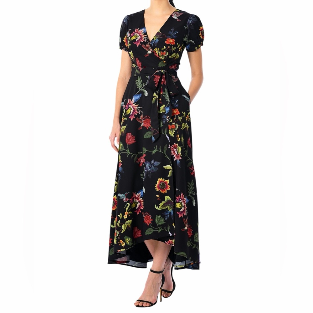 eShakti Medium Tropical Floral Crepe Midi Wrap Dress P2